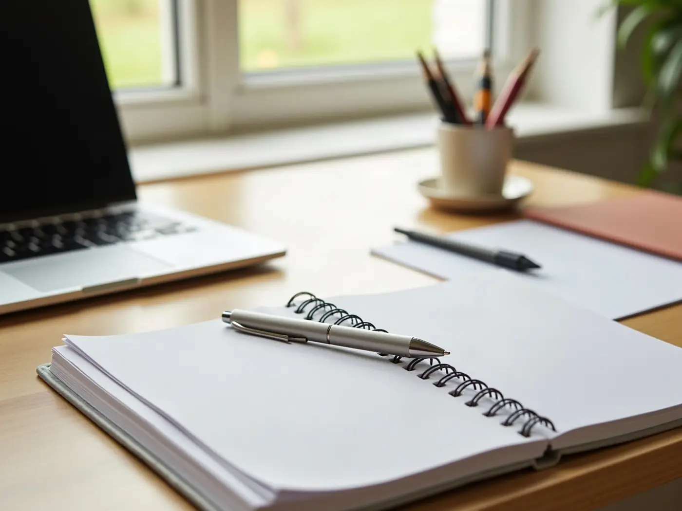 Bright desk seen from above with an open notebook, a pen and a laptop showing a blank page, natural light.